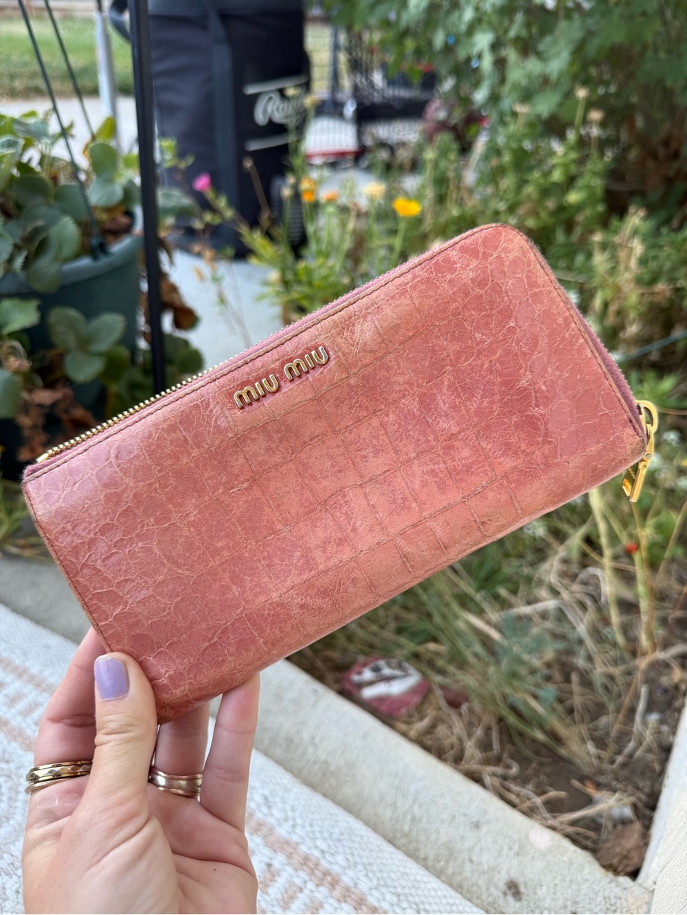 Miu Miu Pink Croc-Embossed Leather Zip Around Wallet Gold Accents